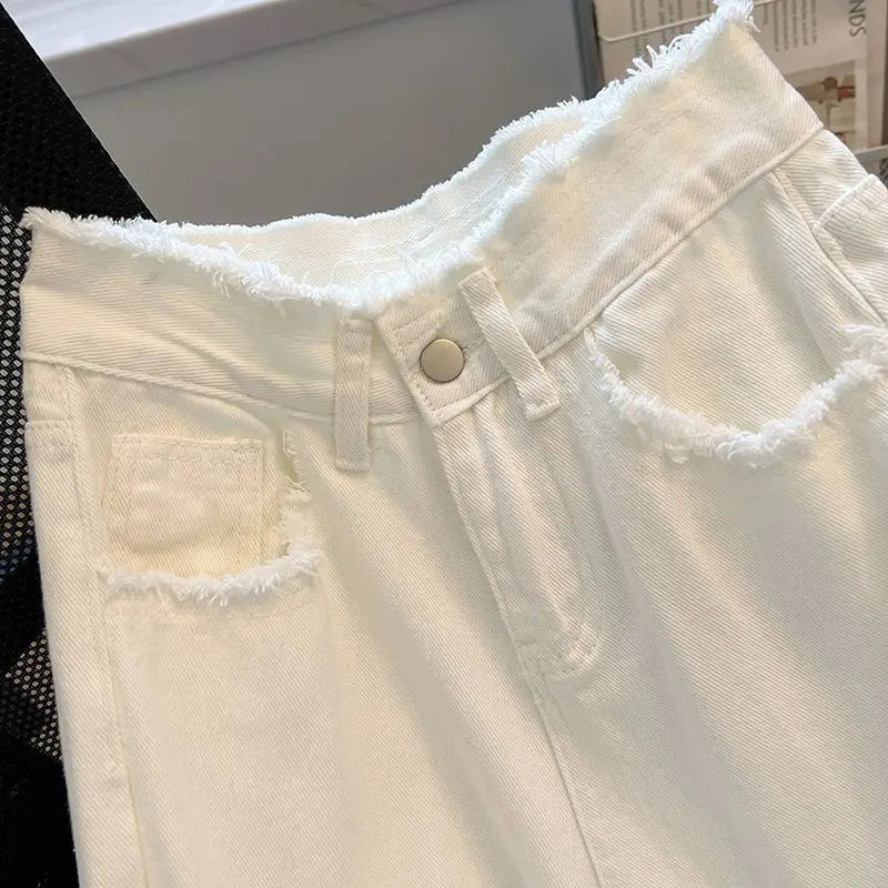 Korean Style White Loose Jeans Women Spring Summer High Waist Raw Edge Wide Leg Pants Fashion All-matched Thin Denim Long Pants