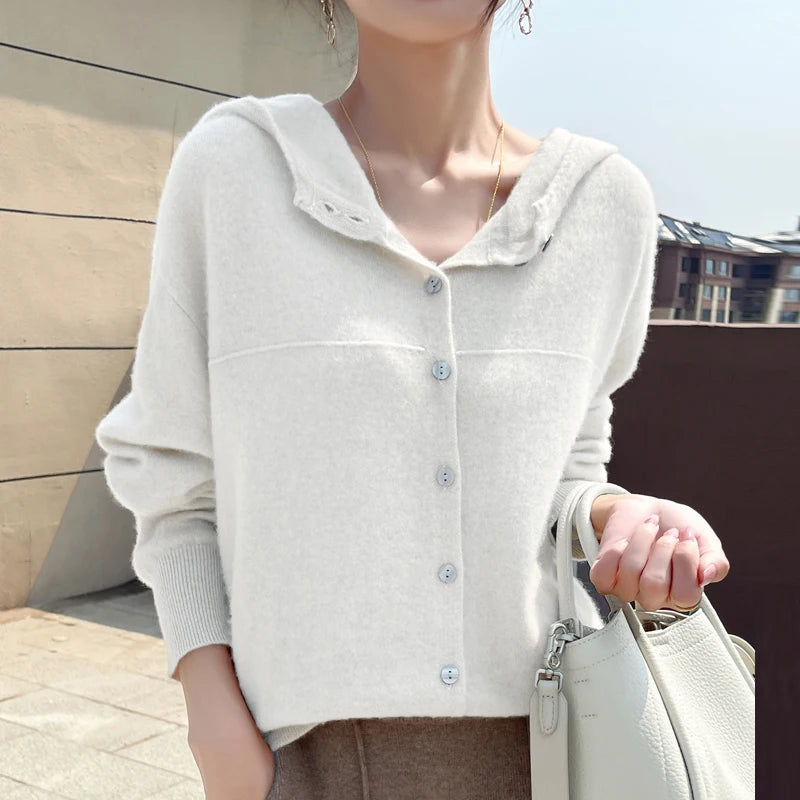 Fall/Winter 2024 new women's cardigan 100% pure wool solid color hooded collar cashmere fashion loose plus size sweater coat