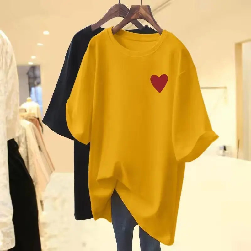 Summer Little Love Printed Loose Casual Pullover Lady Pure Cotton T-shirt Women Short Sleeve Crew Neck Basics Top Tees