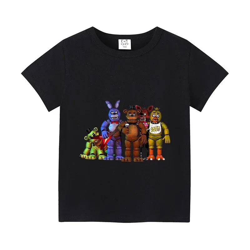 Fnafs T-shirt for Children Five Nights Freddys Short Sleeve Shirt White Black Tee Anime Printed Clothing Kid Gift for Boy Girl