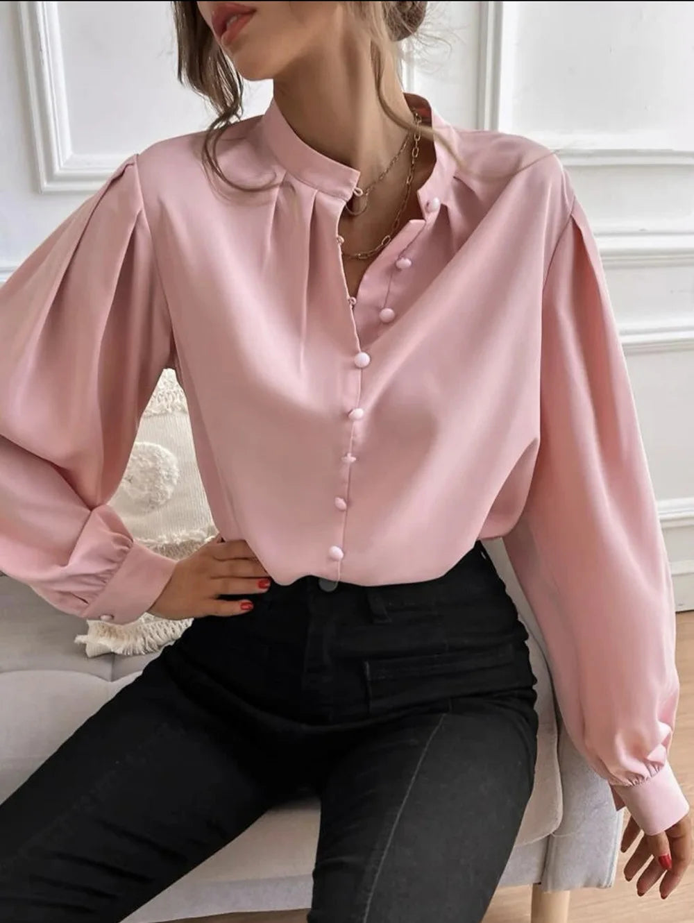 Elegant Temperament Female Clothing Solid Loose Fitting Lantern Long Sleeves Blouse Half Open Collar Pleated Pullover Shirt