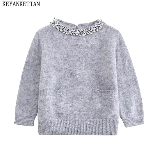 KEYANKETIAN 2024 New Launch Women Artificial gemstone Decoration Short Sleeve Sweater Elegant Stylish Slim Knitted Top Pullover