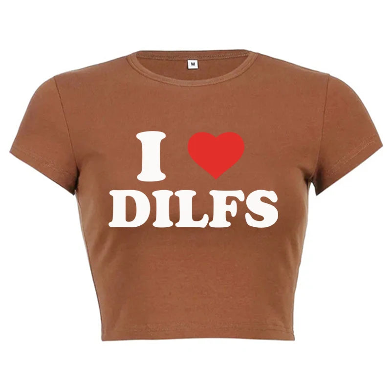 T-shirt imprimé I Love Dilfs pour femme, haut court d'été Harajuku, vêtements de fête sexy, col rond, nombril court, en coton, à la mode