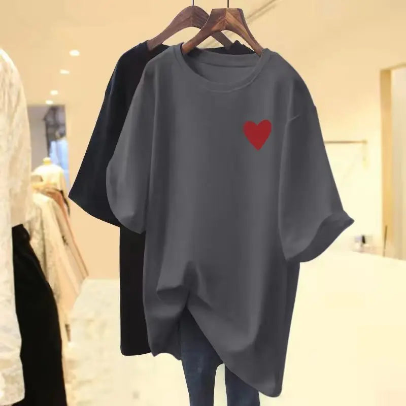 Summer Little Love Printed Loose Casual Pullover Lady Pure Cotton T-shirt Women Short Sleeve Crew Neck Basics Top Tees