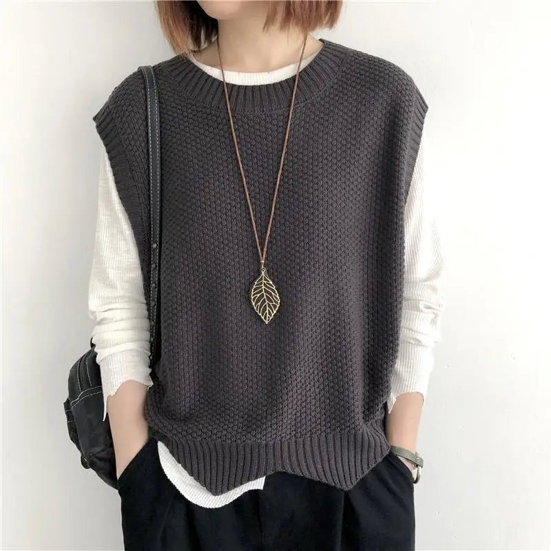 Summer Solid O-neck Asymmetrical Outerwear Single Wear Knitted Vest Women Patchwork Screw Thread Loose Versatile Sleeveless Top