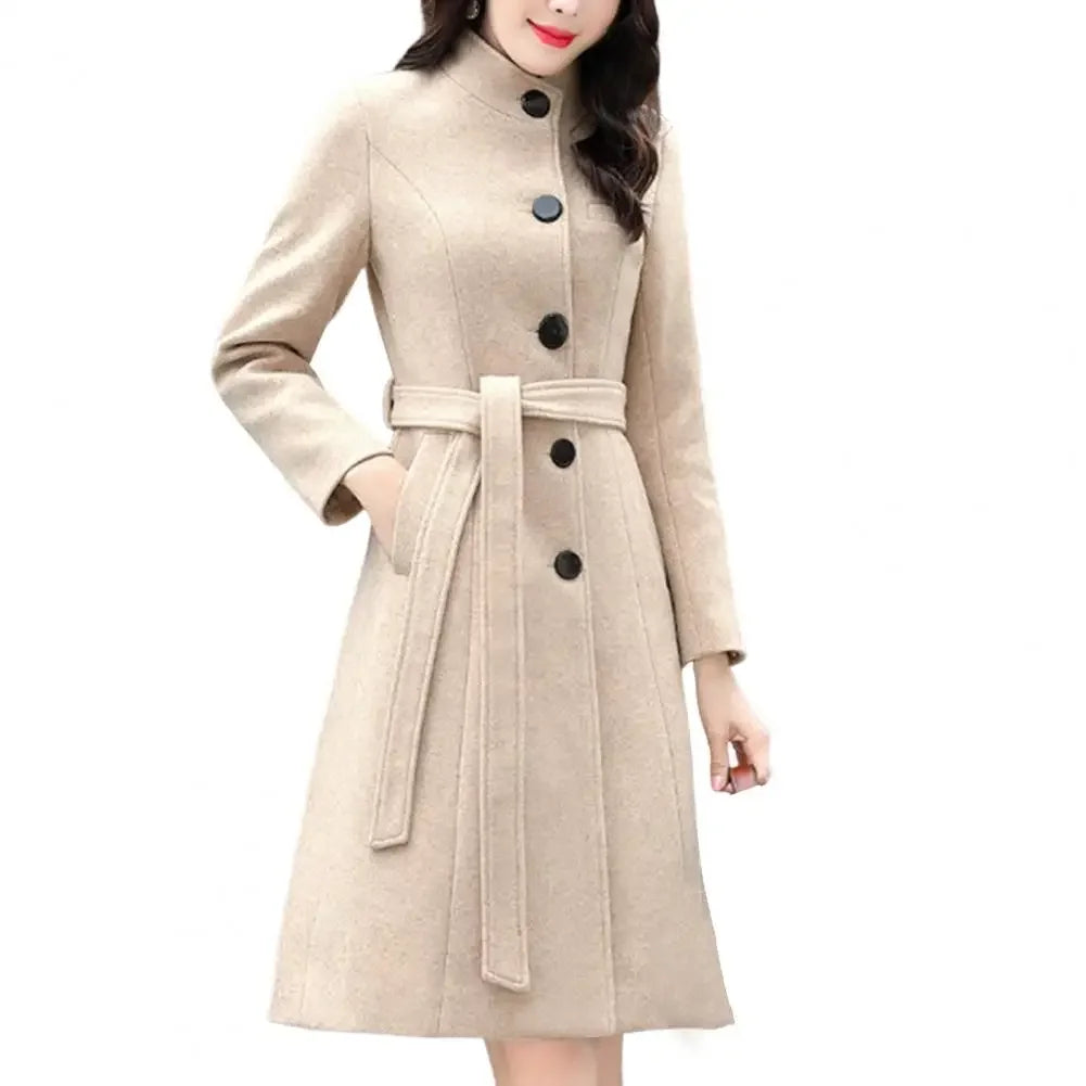 Trendy Women Outwear Long Sleeve Super Soft Women Woolen Coat  Slim Fit Belt Trench Coat