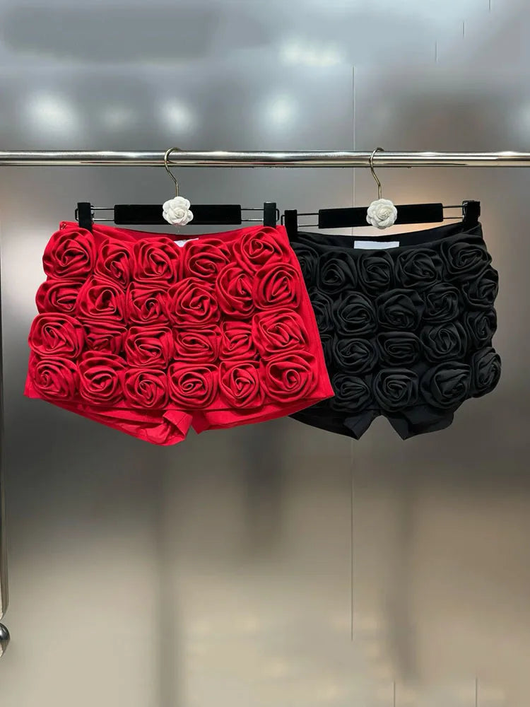 DEAT Trendy Fashion Women's 3D Flower Mini Skirts 2025 Spring New Items High Waist Wrap Hip Solid Color Skirt Female 11XX8807