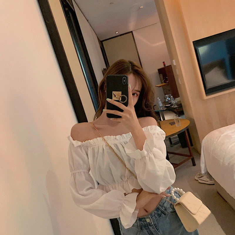 Women Top Sexy Blouse Off Shoulder Top Long Sleeve Solid Color White Shirt Puff Sleeve Ruffle Tunic Crop Top Summer Tube Top