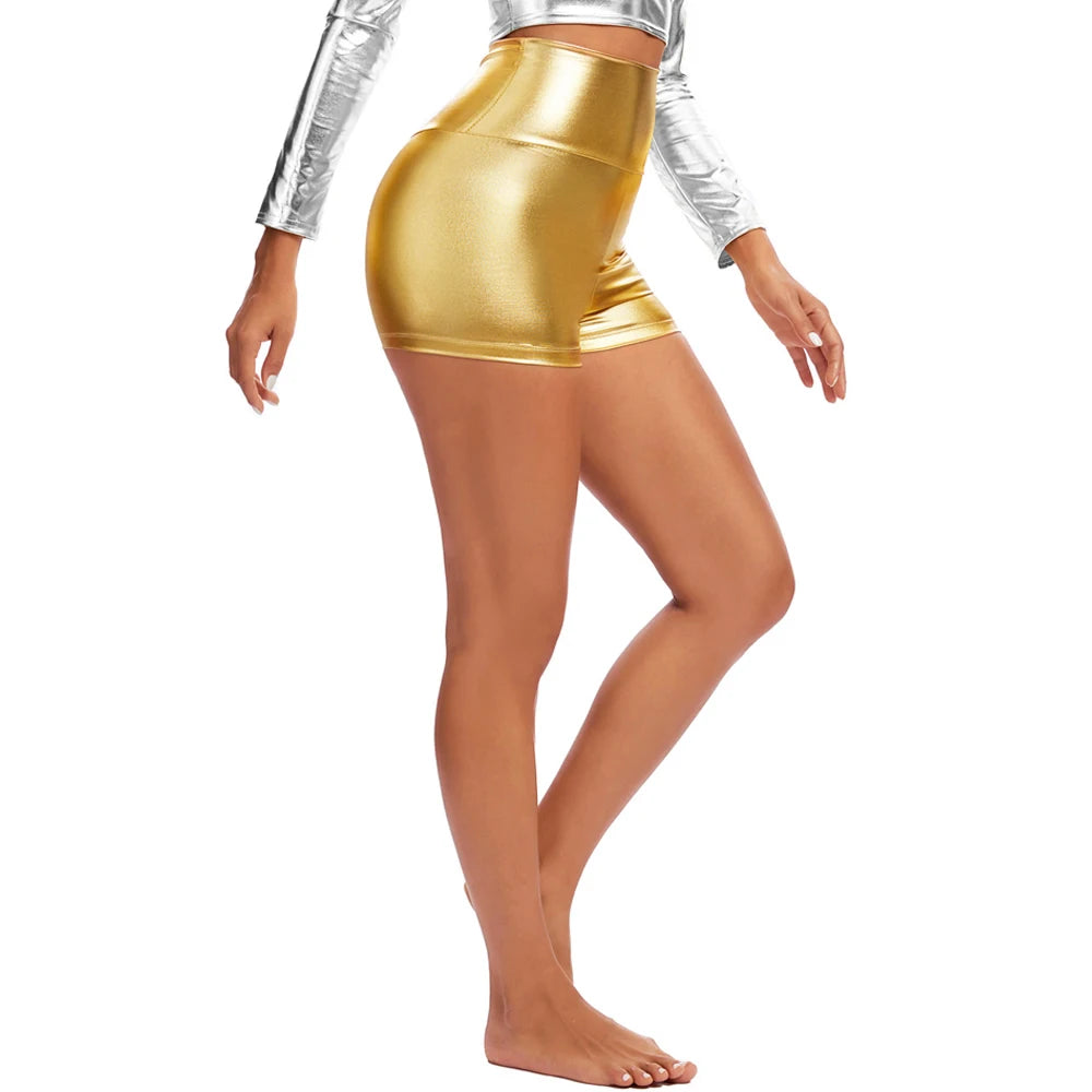 OVIGILY Womens High Waisted Shiny Metallic Rave Booty Dance Shorts Festival Bottoms for Costumes Adults Gold Pants