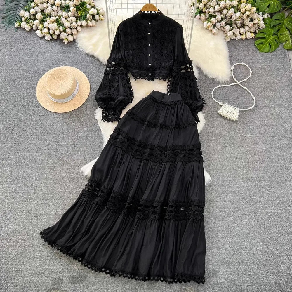 Elegant Long Maxi Dress 2 Piece Sets Women 2025 Spring Summer Holiday Embroidery Pearls Hollow Out Party Crop Tops Skirts Suits