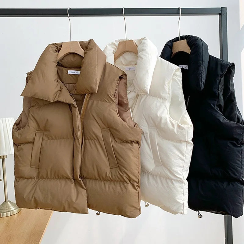 Gilet court chaud d'hiver pour femme, manteau d'automne avec poches, veste décontractée sans manches, gilet solide pour femme