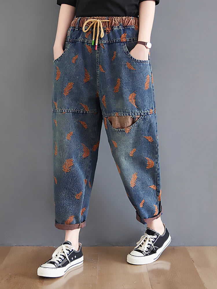 Jeans For Women Spring Street Feather Embroidery Color Contrast Loose Thin Drawstring Pockets Elastic Waist Denim Pants Female