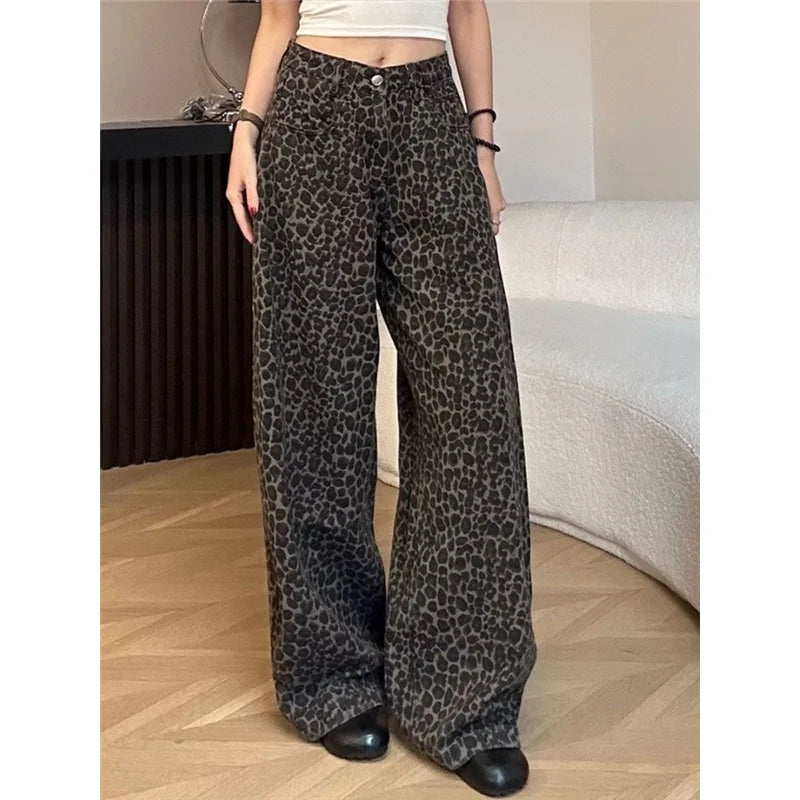 Leopard Print Womens Jeans High Waist Vintage Design Straight Baggy Denim Pants Street Y2K American Style Wide Leg Denim Trouser