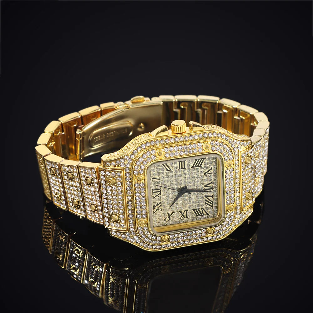 Montres à la mode entièrement glacées pour hommes et femmes, montre carrée en acier inoxydable, strass de luxe, montre à quartz carrée, cadeau de fête Hip Hop