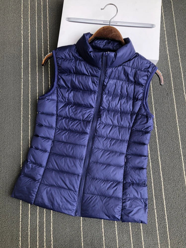 Gilet en duvet de canard blanc ultra léger à 90 % pour femme, manteau fin, veste sans manches en duvet de canard, col montant, veste pour femme