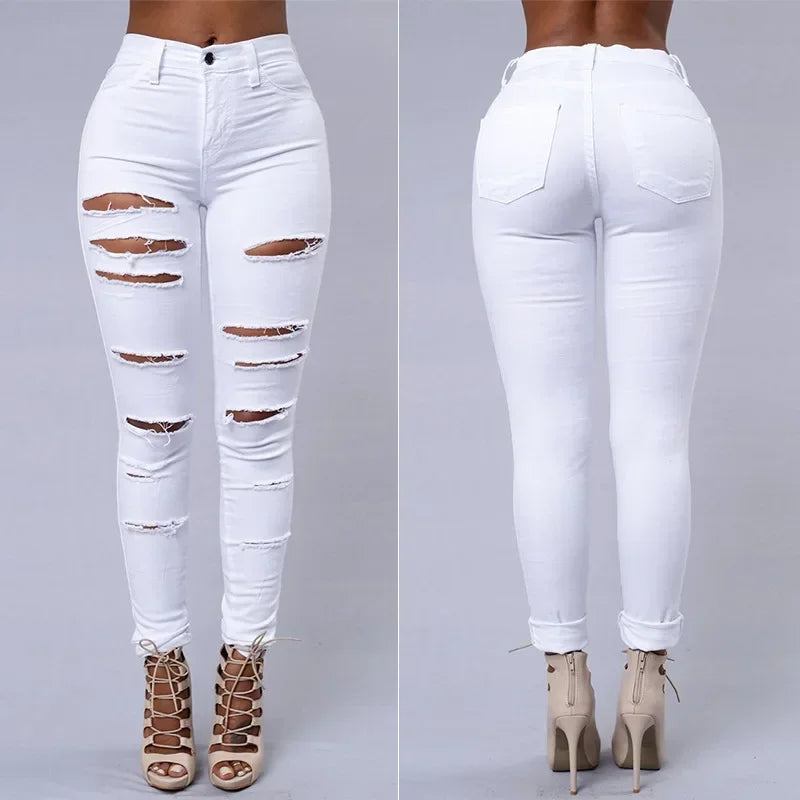 2025 Femmes Stretch Skinny Déchiré Trou Délavé Denim Jeans Femme Taille Haute Crayon Y2k Pantalon Jeans Dames Pantalons Décontractés Pantalons