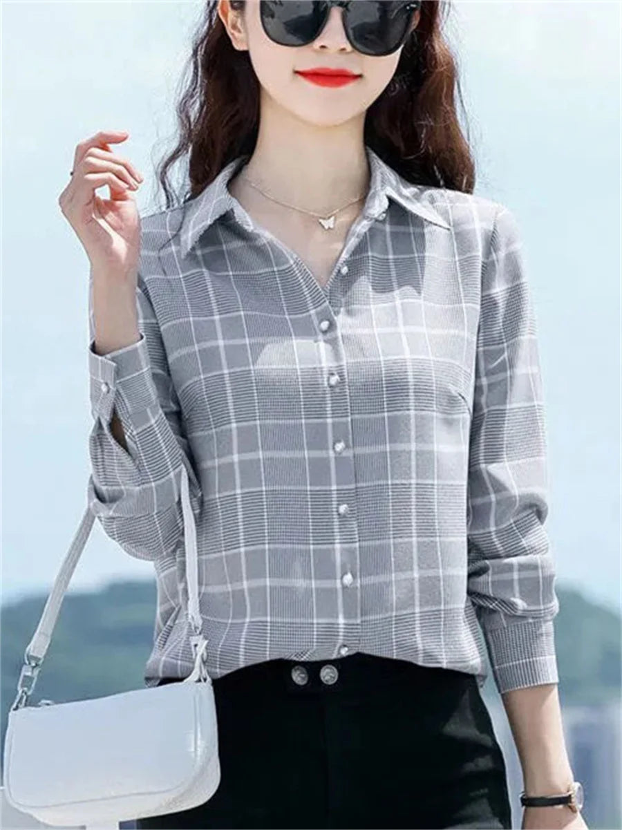 Women Spring Autumn Style Blouses Shirts Lady Casual Long Sleeve Turn-down Collar Plaid Printed Blusas Tops DF4712