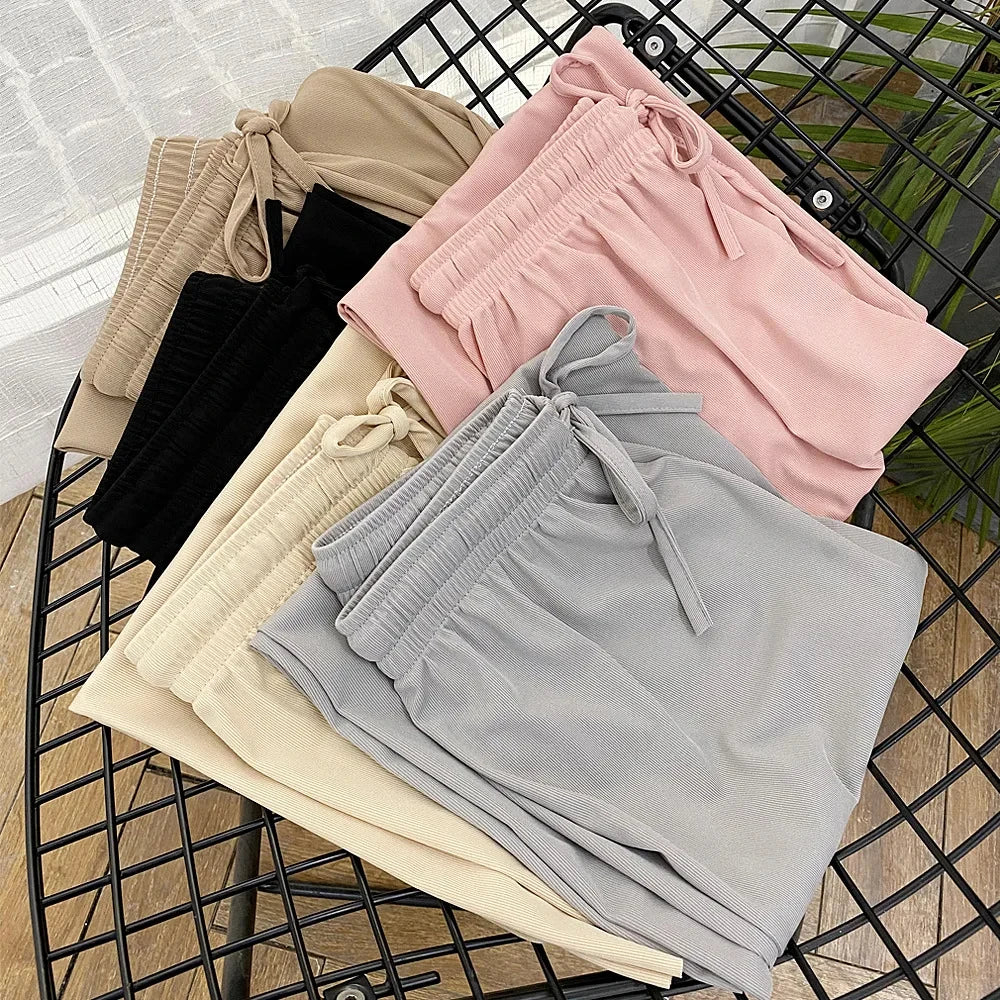 Women Wide Leg Long Pants Casual Solid Elastic Waist Loose Ankle-Length Ice Silk Pants Spring Summer Straight Female Trousers