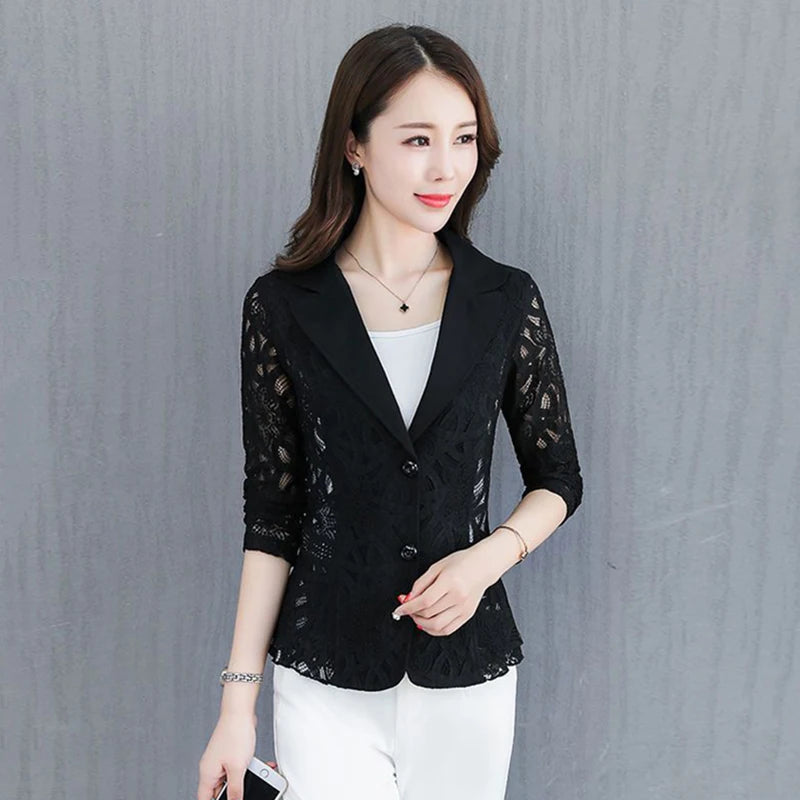 Spring Summer Jacket Womens 2024 Long Sleeve V-neck Office Women Jacket Jacket Black White Hollow Lace Jacket Coat Female