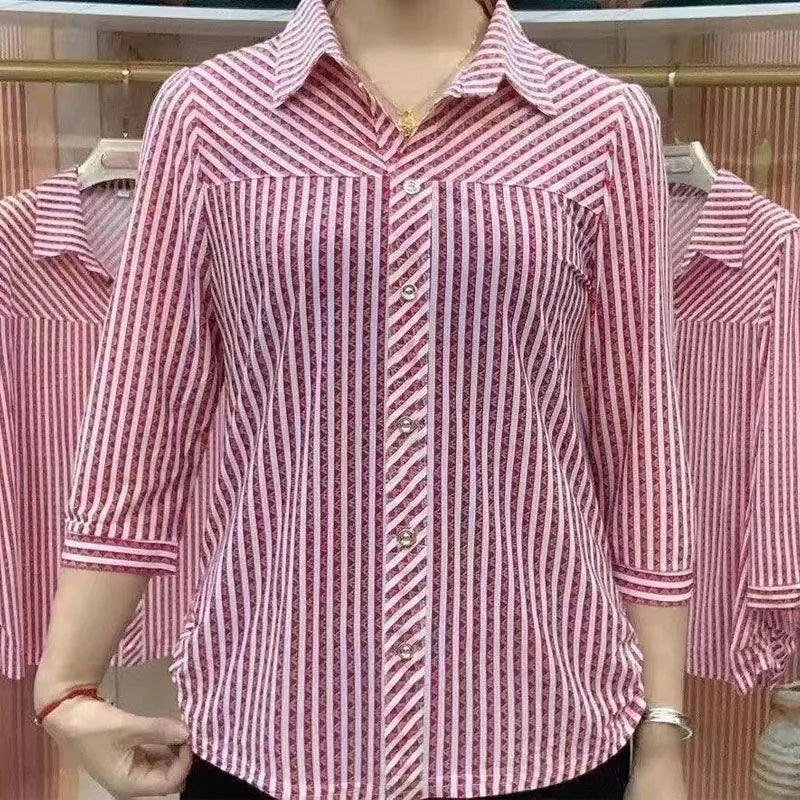 Fashion Loose All-match Striped Printed Shirt Summer Women's Clothing New 3/4 Sleeve Casual Turn-down Collar Buttons Blouses