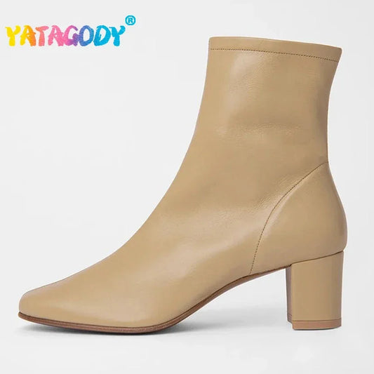 YATAGODY Size 34-41 Women Ankle Boots Genuine Leather Chunky High Heels Shoes Woman Winter 2023 Luxury Brand Square Toe Booties