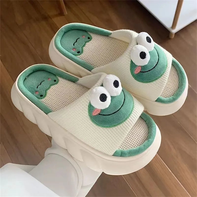 Women Cartoon Frog Slippers Winter Warm Indoor Home Slides Linen Thick Sole Couple Slipper Bedroom Anti Slip Shoes Sandals