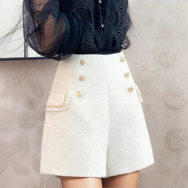 HELIAR Women Casual Office Shorts Tweed High Waist Shorts Buttons A-line Shorts Female Chic Trousers 2024 Spring Summer