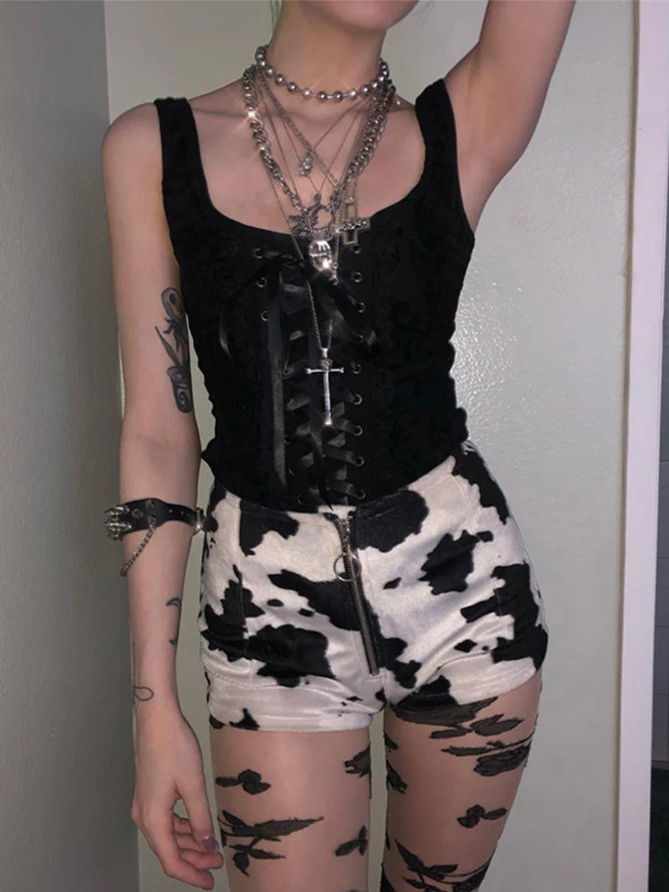 AltGoth Goth Punk Sexy Camis Femmes À Lacets Sans Bretelles Col Carré Dentelle Patchwork Mince Moulante Gilet Ins Noir Foncé Crop Débardeur