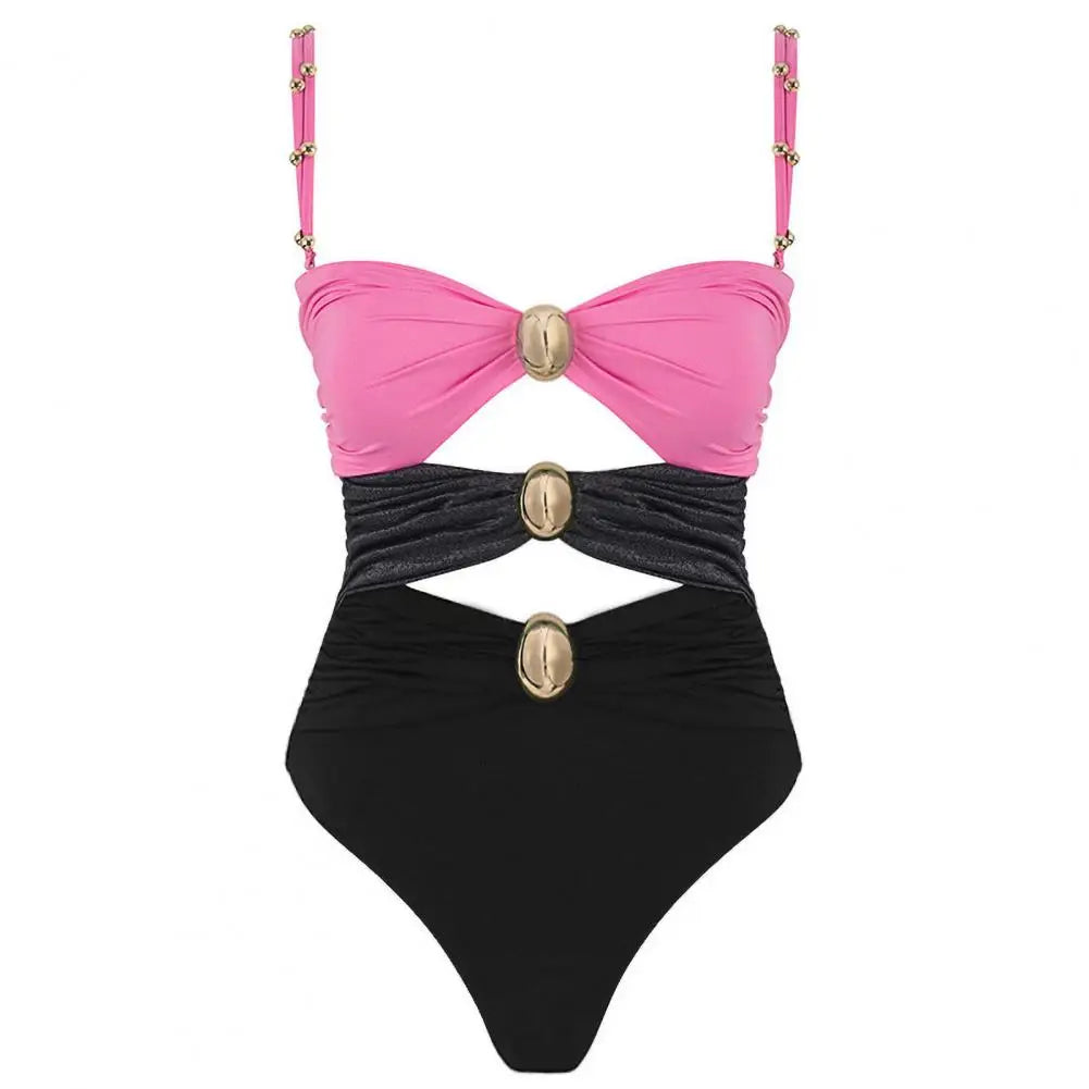 Maillot de bain monokini pour femme Maillot de bain une pièce élégant pour femme Monokini sexy avec décoration de bouton en métal Découpe de contrôle du ventre haute