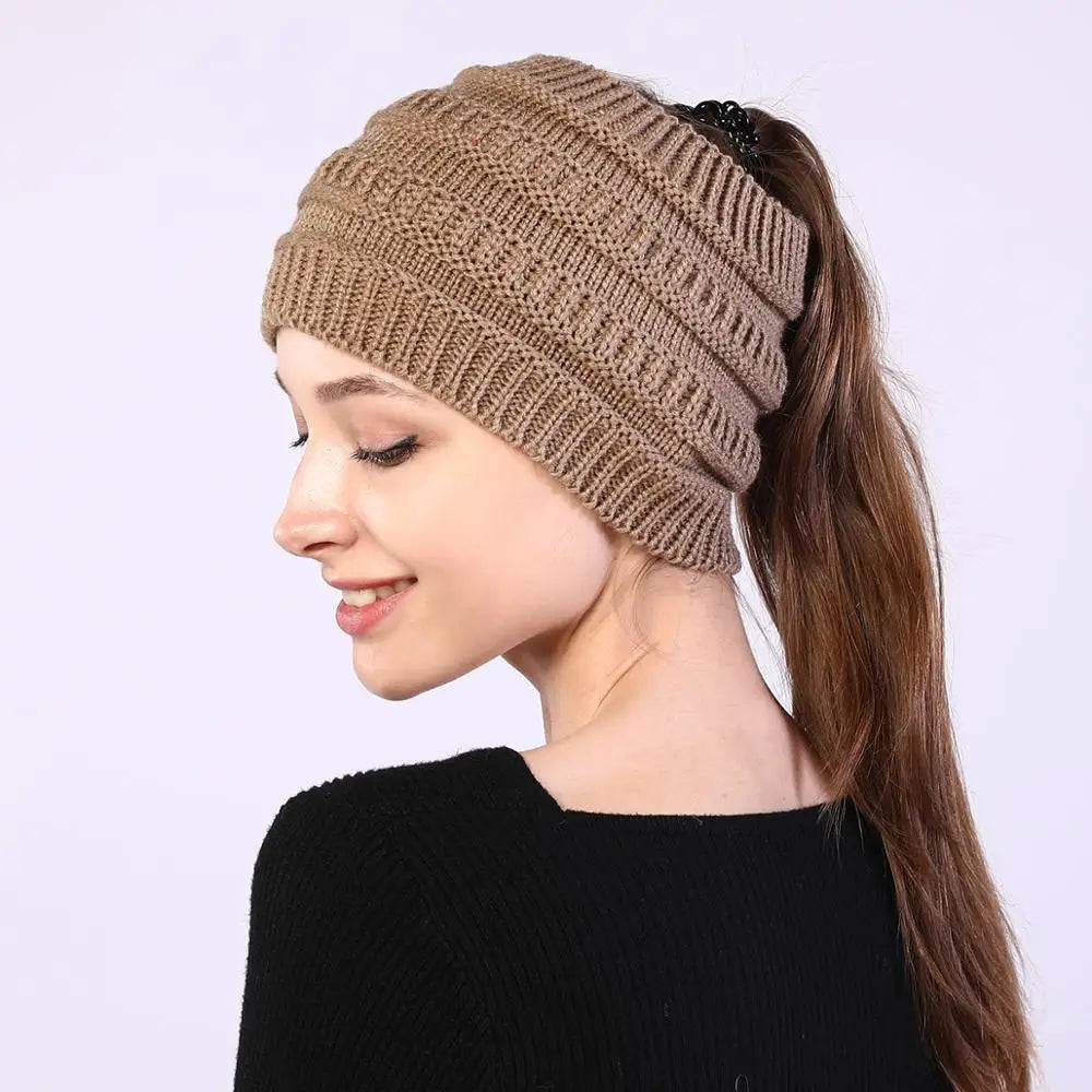 Women Hats Autumn Winter Ponytail Beanie Hat Warmer Solid Color Lady Stretch Knitted Crochet Beanies Hats Cap for Women Skullies