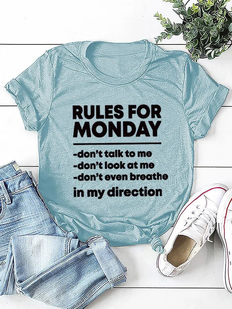 RULES FOR MONDAY Letter Print Women T Shirt Short Sleeve O Neck Loose Women Tshirt Ladies Tee Shirt Tops Camisetas Mujer