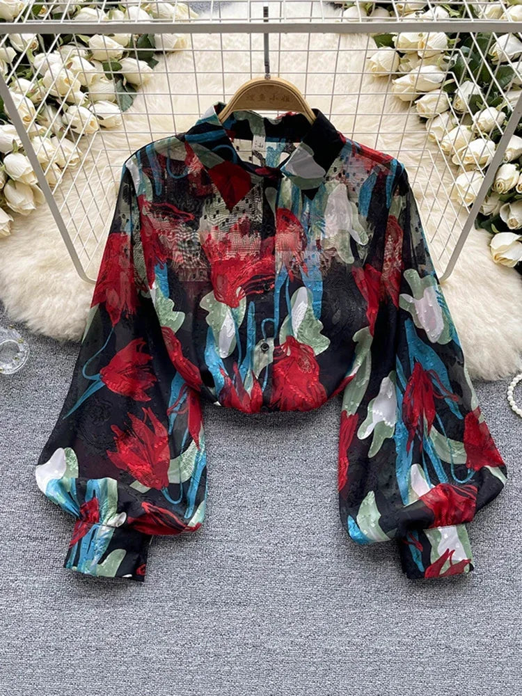 Spring Autumn Temperament Fashion Retro Chiffon Floral Blouses Print Loose Lapel Puff Sleeve Top Button Up Shirt Female GD611