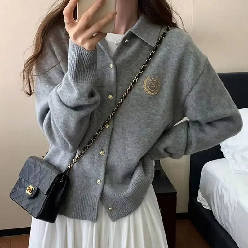 Grey Embroidered Polo Collar Sweater for Women Autumn/Winter Retro Lazy Loose Outerwear High End Knitted Cardigan Women Tops