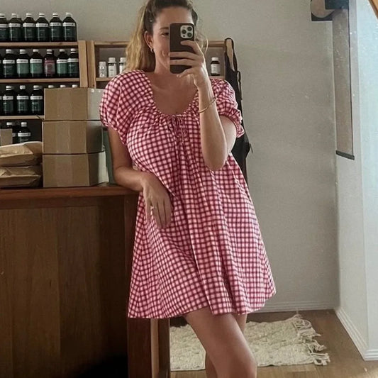 Gaono Women Y2k Babydoll Mini Dress Gingham Short Puff Sleeve Square Neck Dress Floral Fairy Loose Fit Summer Sundresses