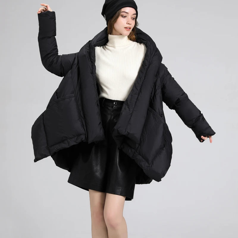 Nouvelle veste châle irrégulière d'hiver manteau en duvet de canard blanc pardessus femme veste parka bouffante à capuche ample épaisse de longueur moyenne