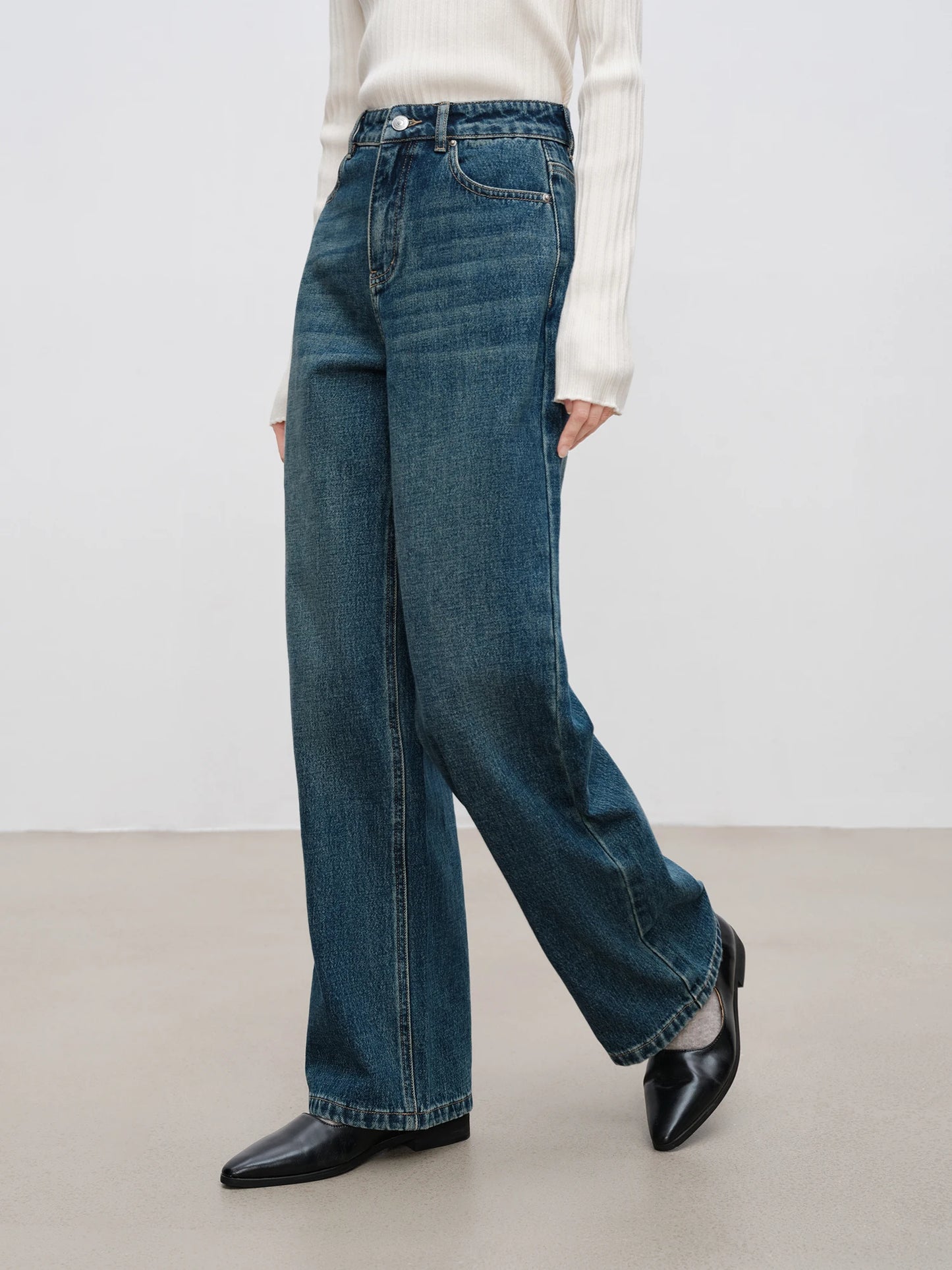 ZIQIAO Women Winter Thicken Jeans High Waist Full Length Retro Denim Blue Straight Plush Thick Female Winter Pants 24ZQ94234