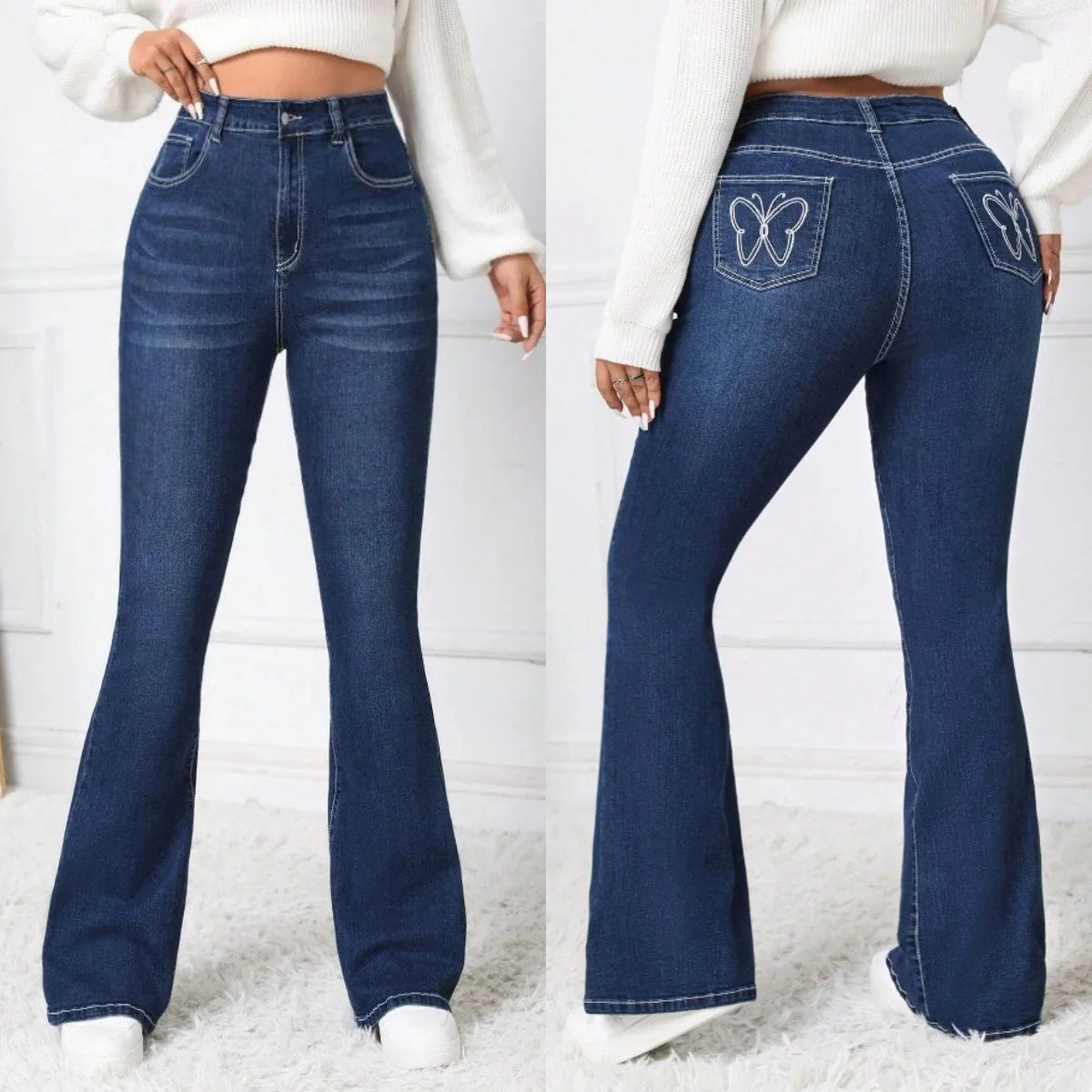 Nouvelles Femmes Taille Haute Boot Cut Jeans Mode Slim Fit Stretch Papillon Brodé Flare Jeans Pantalon Skinny