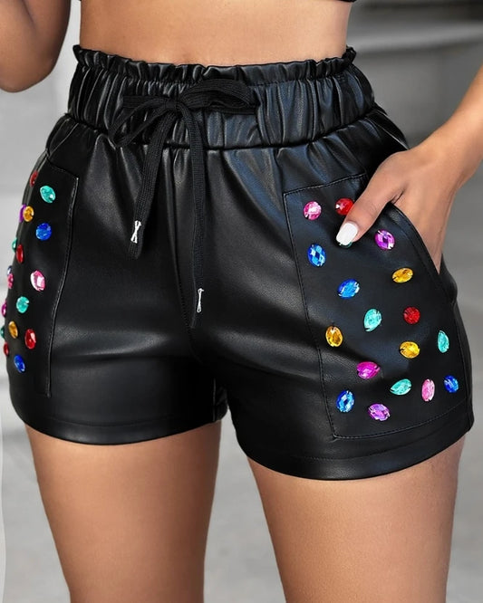 Y2K Women's Shorts 2024 Summer Fashion Casual Colorful Rhinestone Pu Leather Versatile Drawstring Temperament Commuting Shorts