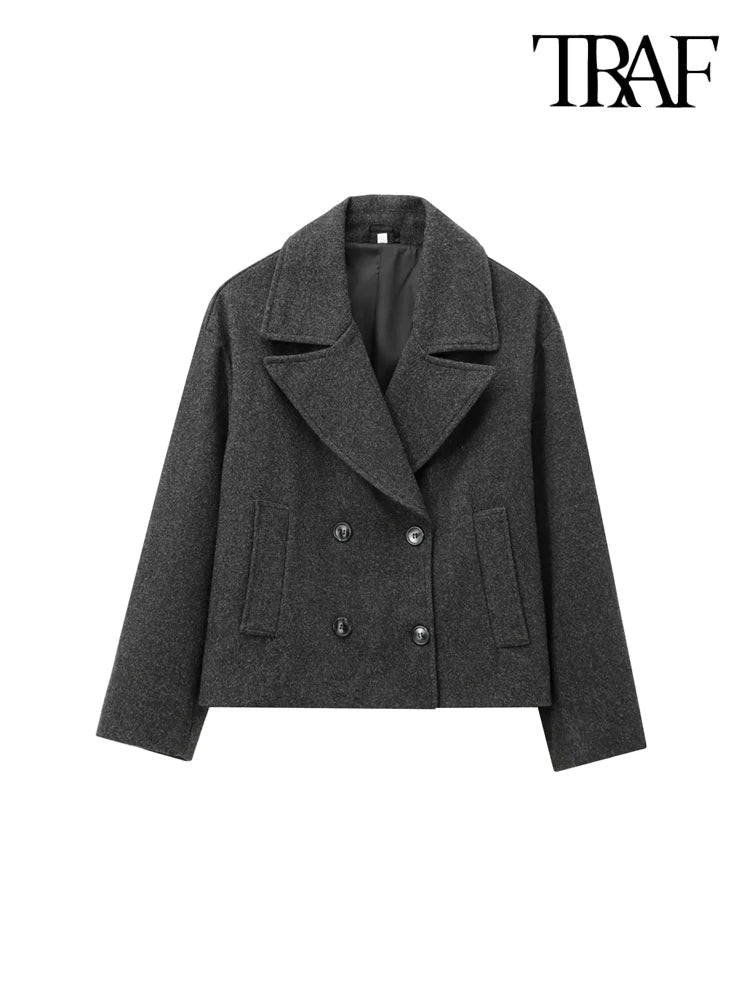 TRAF-Women's Short Double-Breasted Woolen Coat, Lapel Collar, Long Sleeve, Female Outerwear, Chic Tops, Fashion