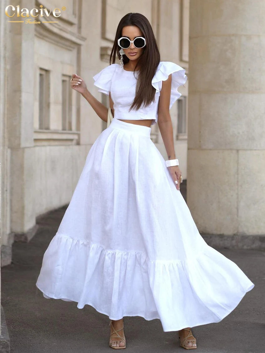 Clacive Summer White Linen 2 Piece Sets Femmes Mode Haut Court À Volants À Manches Courtes Avec Ensemble Jupes Longues Taille Haute