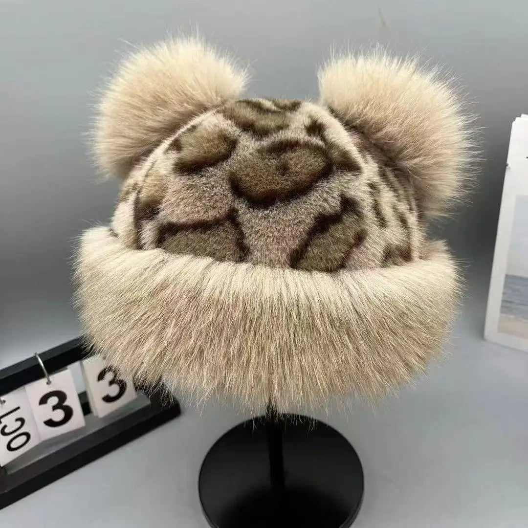 Retro Leopard Print Cute Pom-pom Ears Bucket Hats for Men and Women Winter Russian Thickened Warm Ear Protector Basin Cap