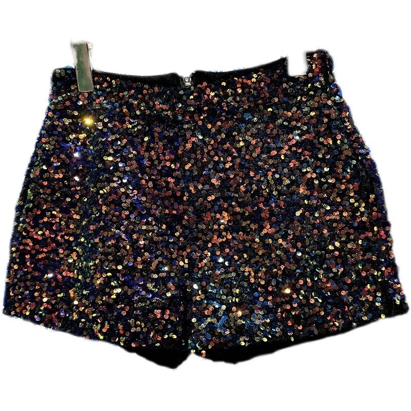 PREPOMP 2023 Spring New Collection Zipper Bright Sequins Slim Shorts Women GH430