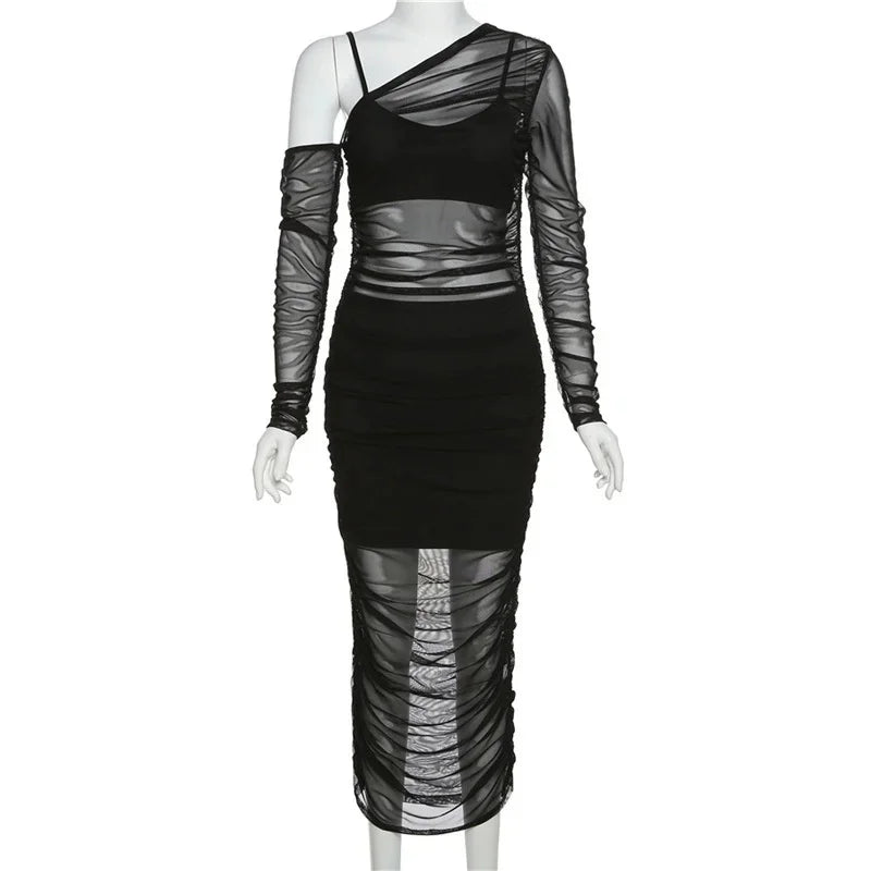 Fantoye Mesh See Through Women Dress Sexy 3 Piece Set Elegant Fashion Female Clothing Casual Slim Camisole Black Bodycon Skirts