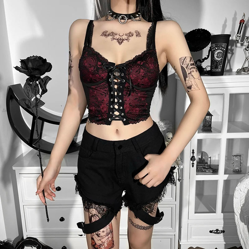 Women's Gothic Tops Dark Early Spring Small Camisole Clashing Lace Lace Tie Small Vest Women