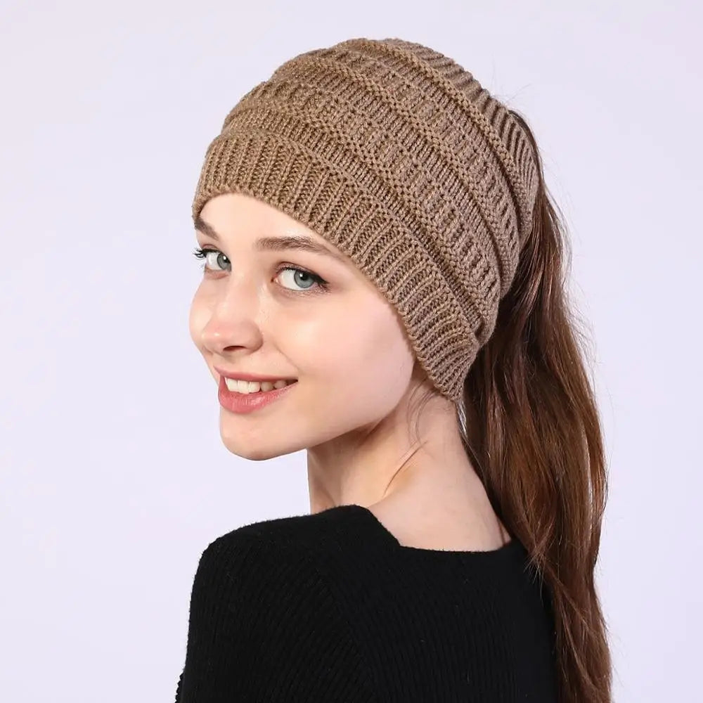 Women Hats Autumn Winter Ponytail Beanie Hat Warmer Solid Color Lady Stretch Knitted Crochet Beanies Hats Cap for Women Skullies