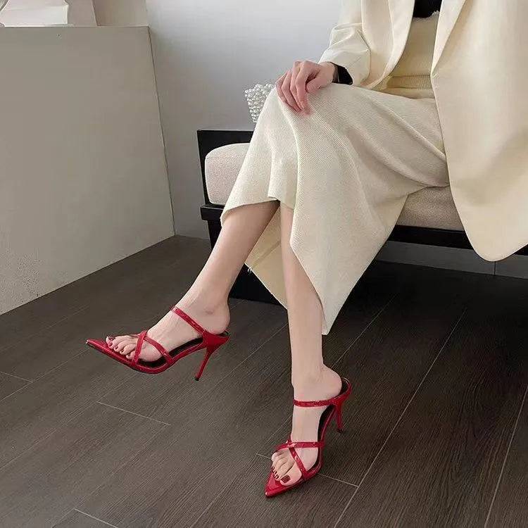 Summer Pointed Toe Slippers Women Red Patent Leather Open Toe Stiletto High Heels Women outside wear Sexy sandalias