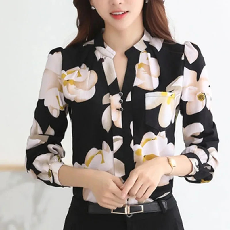 Women's Long Sleeve Chiffon Blouse, V-Neck Tops, Slim Fit Shirt, Office Lady Fashion Print Clothing, Spring, 2024 New, 882G