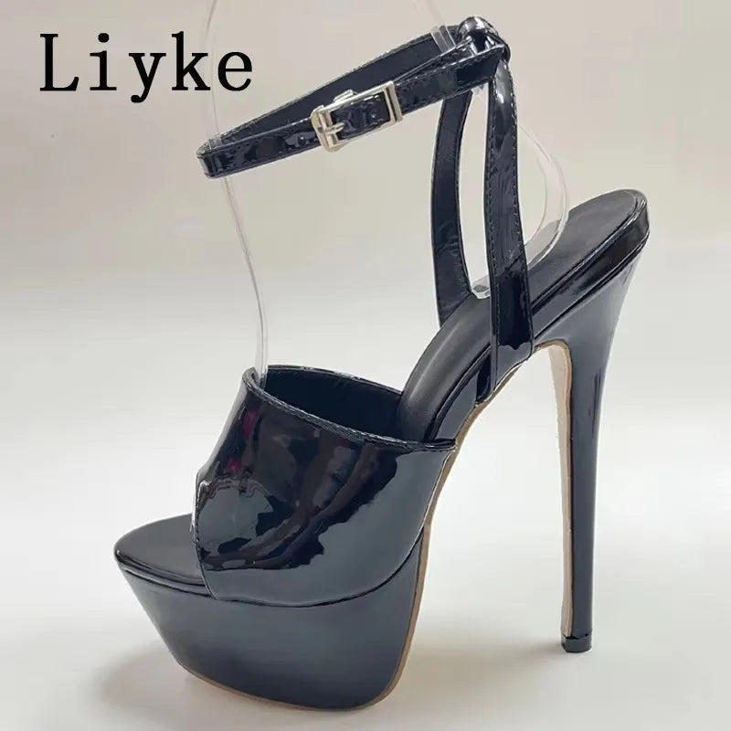 Liyke Summer 16 CM Super High Heels Platform Sandals Women Fashion Open Toe Chain Ankle Strap Ladies Party Stripper Shoes Black