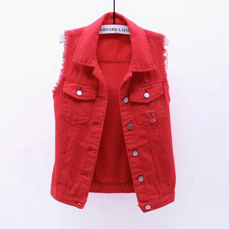 Women Single Breasted Denim Vest Autumn Winter Solid Casual Turn-down Collar Pocket Sleeveless Short Jean Coat Streetwear Female