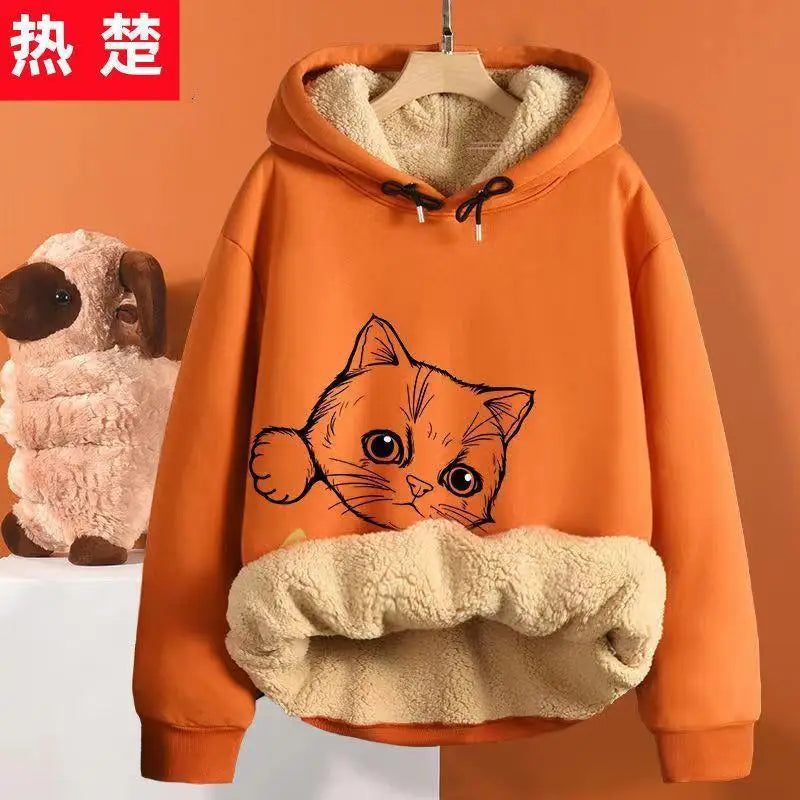 Inner Lining Composite Lamb Fleece Sweatshirt Thick Winter Loose Keep Warm Hoodie Peeking Cartoon Cat Women's Oversized Pullover